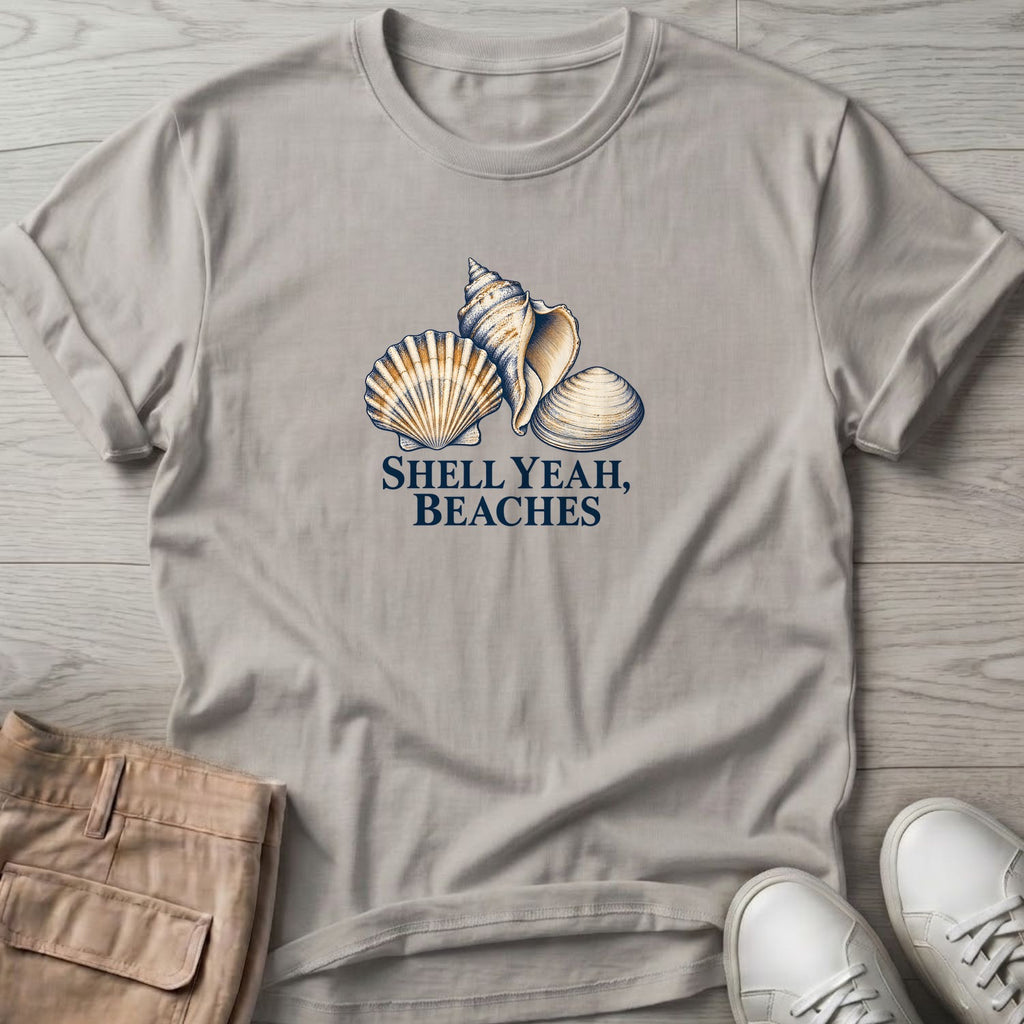 Shell Yeah Beaches T-Shirt in Ice Grey, Salty Paws T-Shirt, front design flat lay