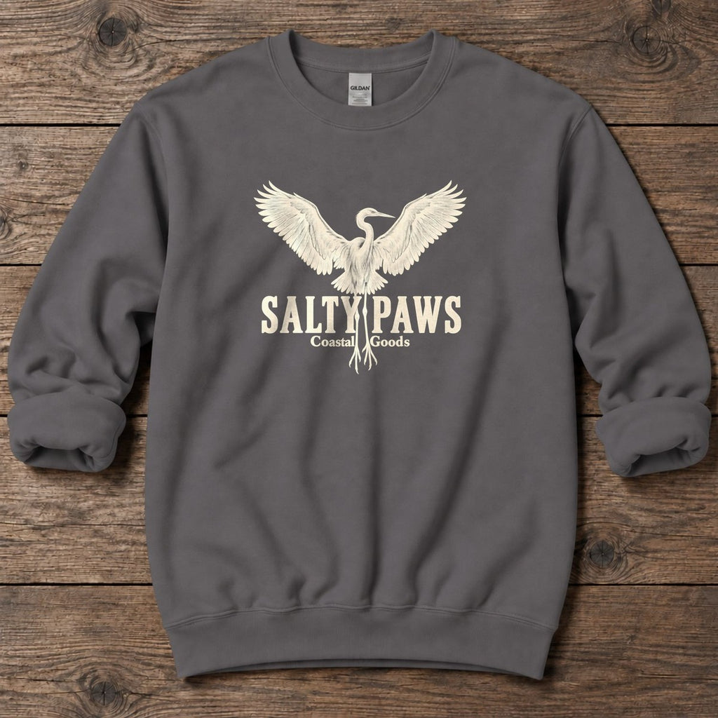 Rising Egret Salty Paws Coastal Goods Midweight Sweatshirt in Charcoal, Salty Paws Midweight Sweatshirt, front design flat lay