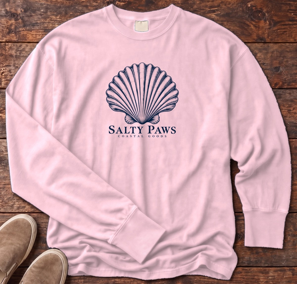 Scallop Shell Coastal Goods Long Sleeve Tee in Blossom, Salty Paws Comfort Colors Long Sleeve Tee, front design flat lay