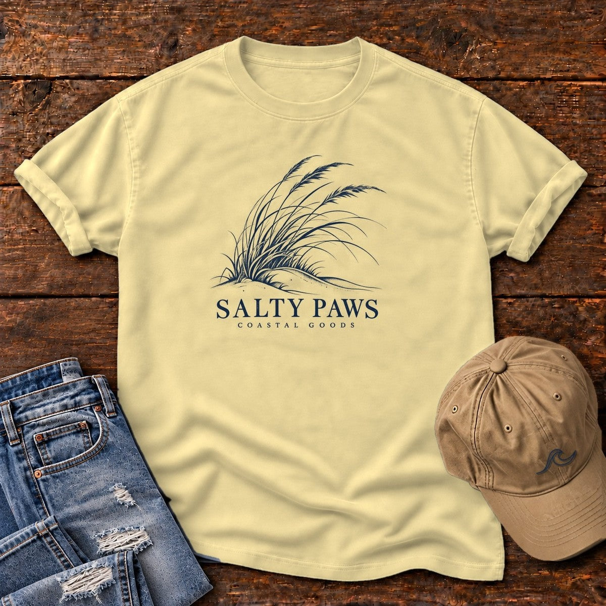Salty Paws Dune Grass T-Shirt in Butter, Salty Paws Comfort Colors T-Shirt, front design flat lay
