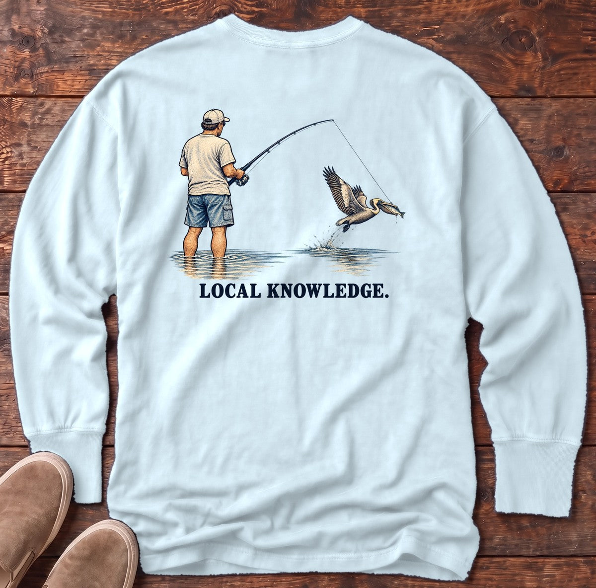 Local Knowledge Pelican Back Design Long Sleeve Tee in Chambray, Salty Paws Comfort Colors Long Sleeve Tee, back design flat lay