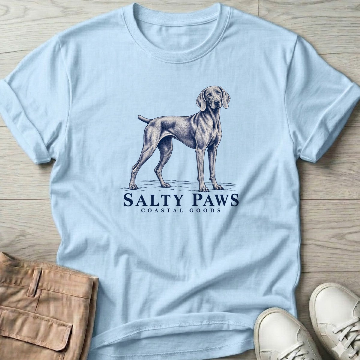 Weimaraner Coastal Goods T-Shirt in Light Blue, Salty Paws T-Shirt, front design flat lay