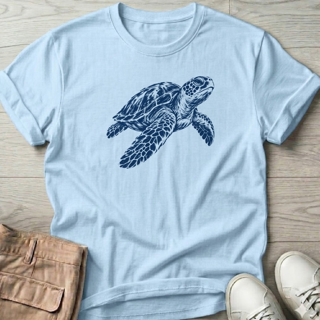 Sea Turtle T-Shirt in Light Blue, Salty Paws T-Shirt, front design flat lay