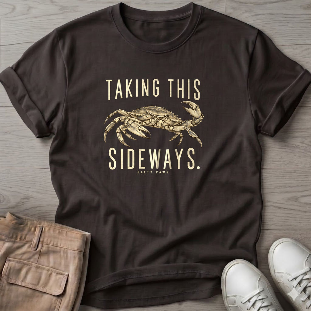 Taking This Sideways Crab T-Shirt in Dark Chocolate, Salty Paws T-Shirt, front design flat lay
