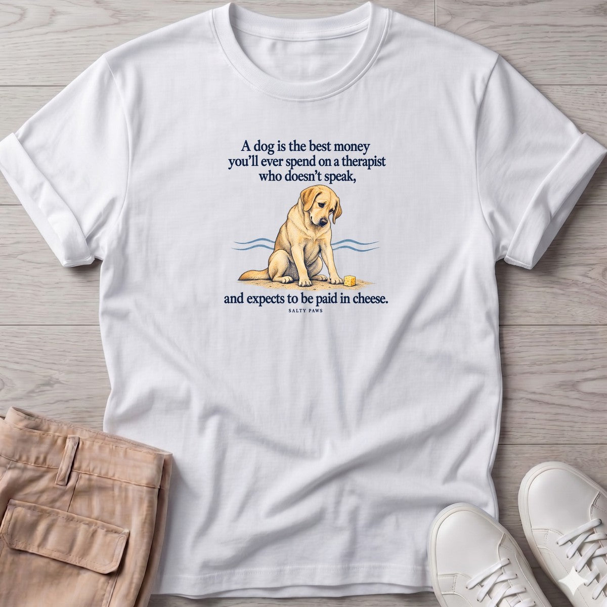 Paid in Cheese Yellow Lab T-Shirt in White, Salty Paws T-Shirt, front design flat lay