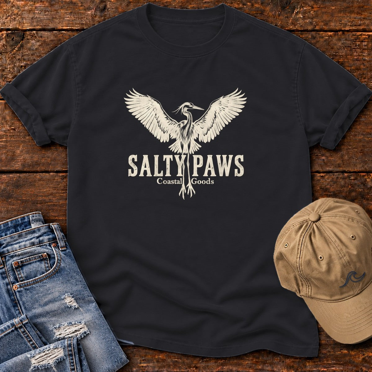 Rising Heron Salty Paws Coastal Goods T-Shirt in Black, Salty Paws Comfort Colors T-Shirt, front design flat lay