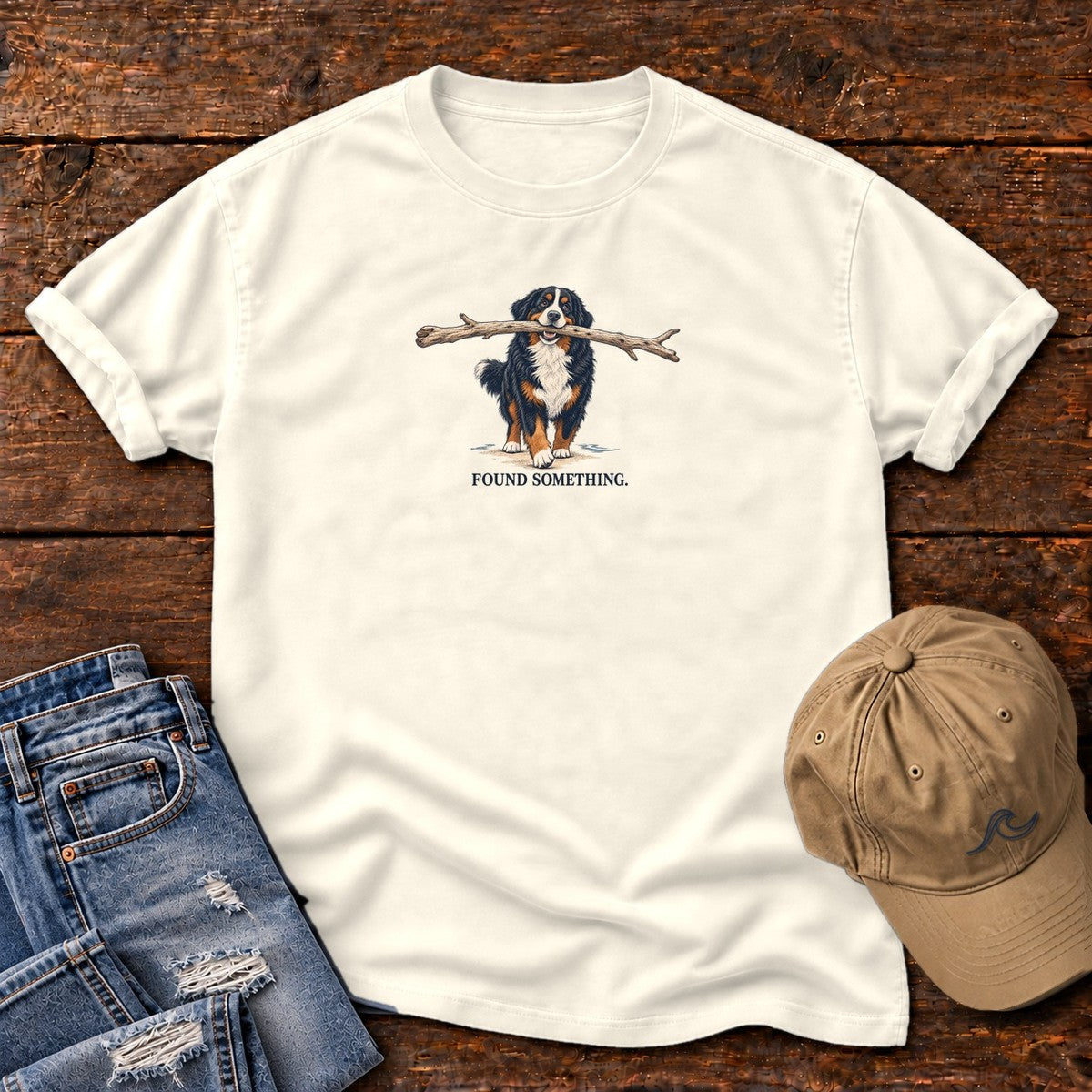 Found Something Bernese T-Shirt in Ivory, Salty Paws Comfort Colors T-Shirt, front design flat lay