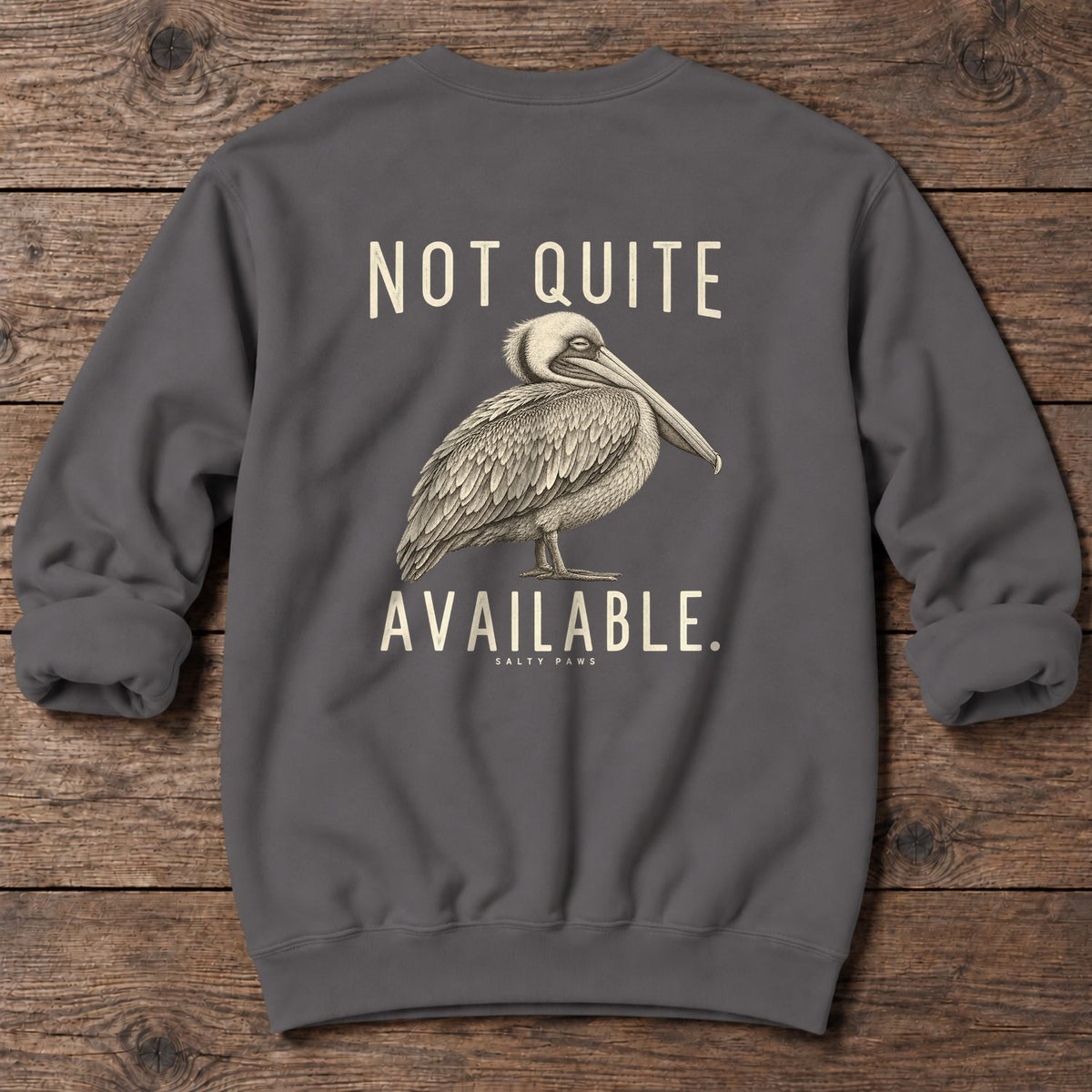 Not Quite Available Pelican Back Design Midweight Sweatshirt in Charcoal, Salty Paws Midweight Sweatshirt, back design flat lay
