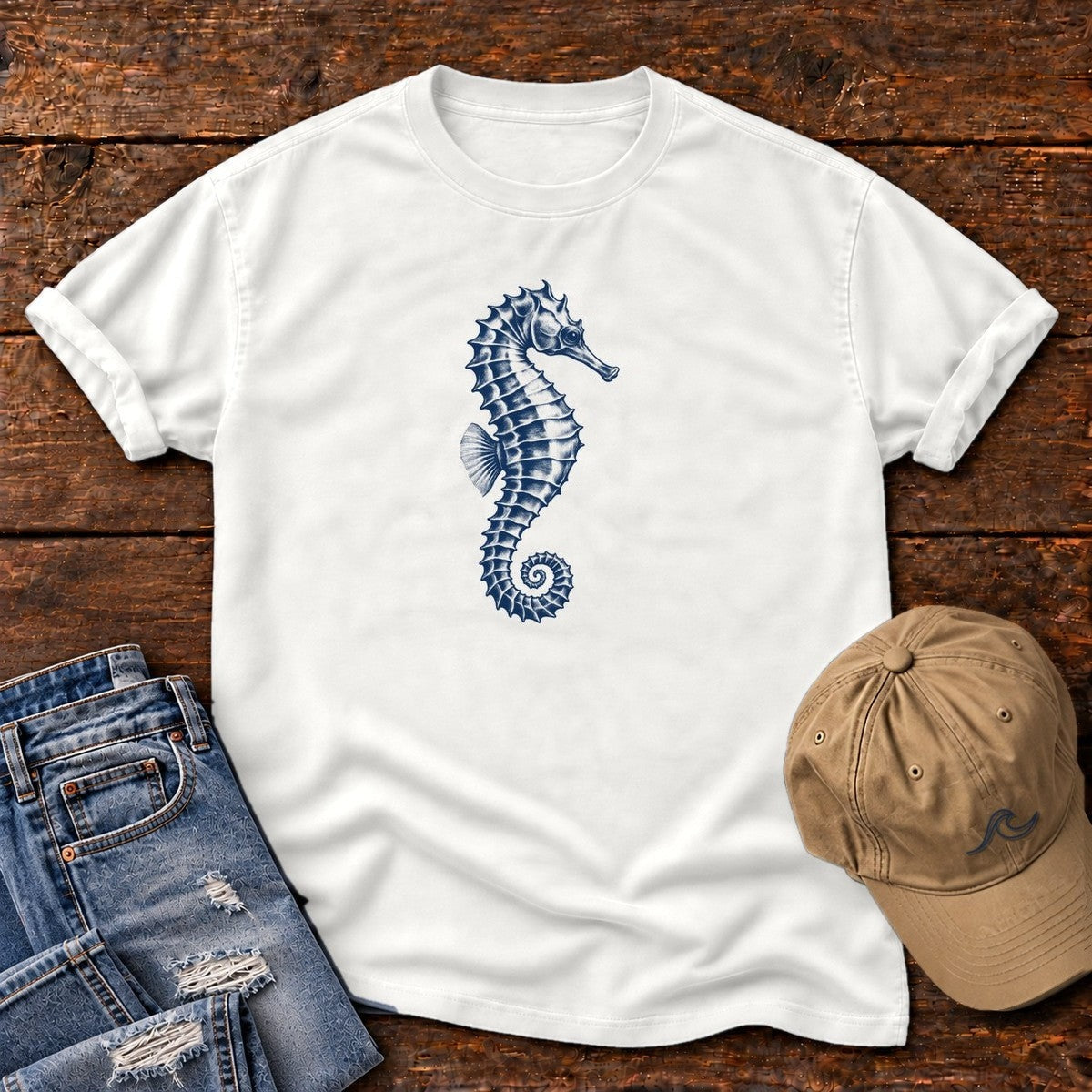 Navy Seahorse T-Shirt in White, Salty Paws Comfort Colors T-Shirt, front design flat lay