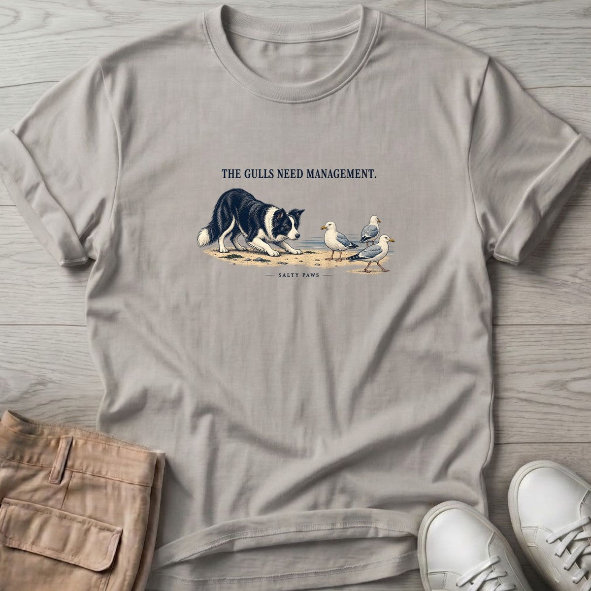 The Gulls Need Management Border Collie T-Shirt in Ice Grey, Salty Paws T-Shirt, front design flat lay