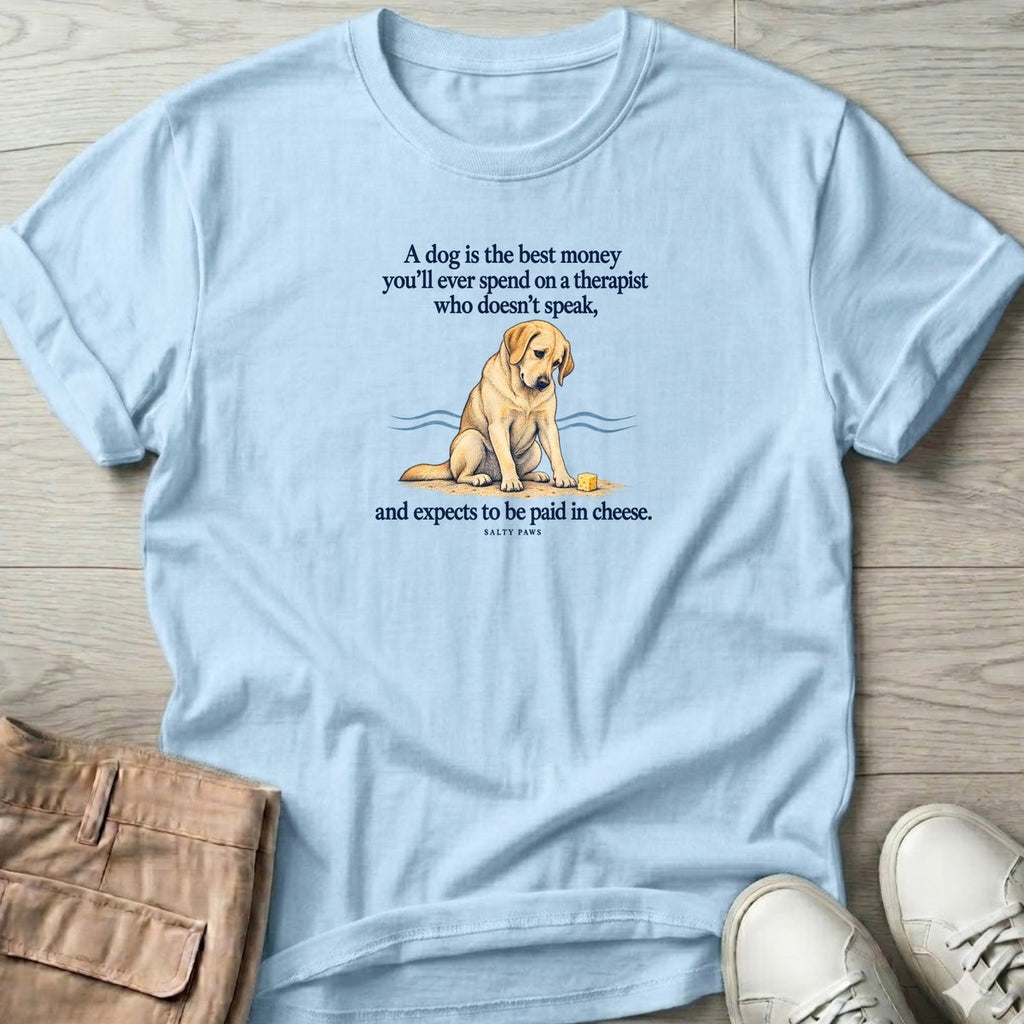 Paid in Cheese Yellow Lab T-Shirt in Light Blue, Salty Paws T-Shirt, front design flat lay
