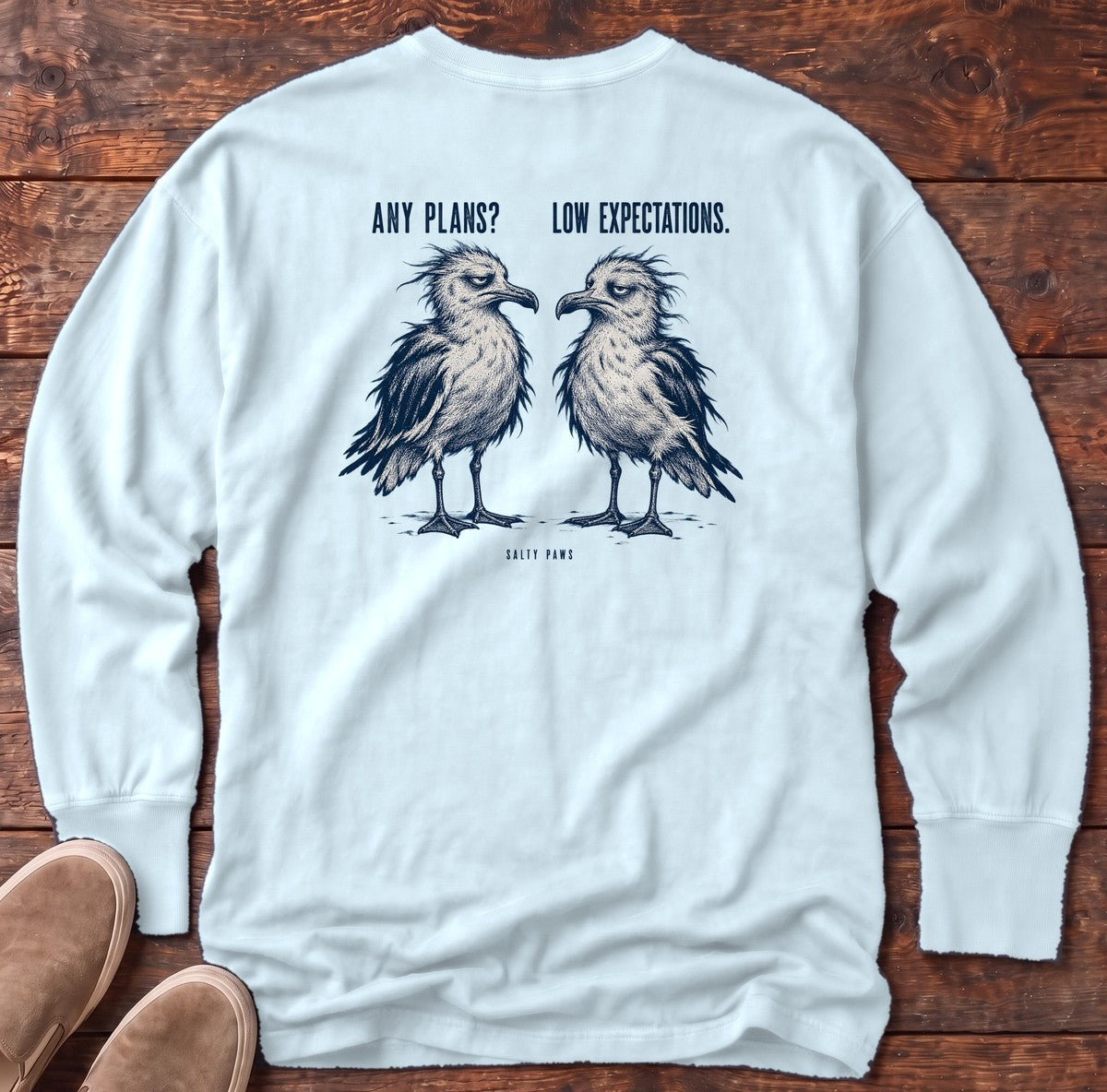 Any Plans Low Expectations Seagulls Back Design Long Sleeve Tee in Chambray, Salty Paws Comfort Colors Long Sleeve Tee, back design flat lay