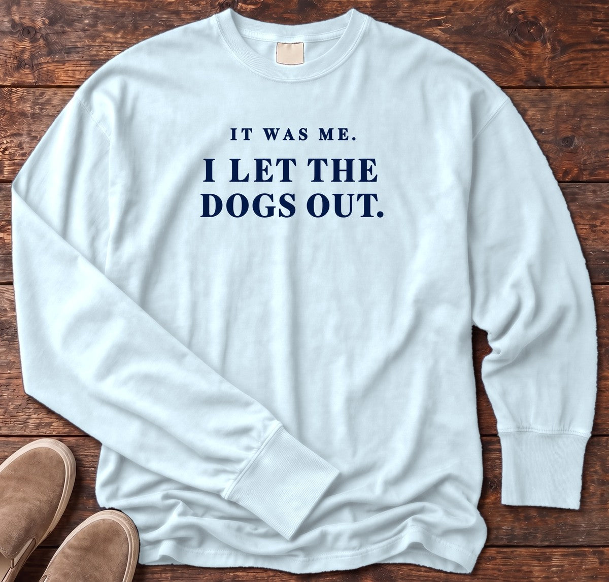 It Was Me I Let the Dogs Out Long Sleeve Tee in Chambray, Salty Paws Comfort Colors Long Sleeve Tee, front design flat lay