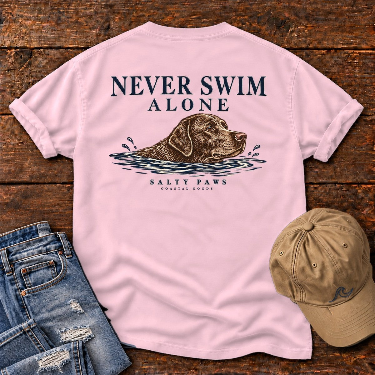 Never Swim Alone Chocolate Lab Back Design Comfort Colors T-Shirt in Blossom, back design flat lay