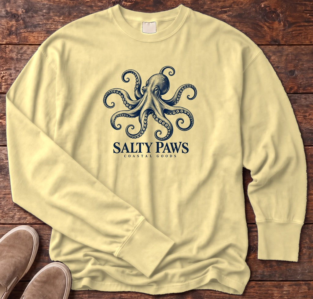 Octopus Coastal Goods Long Sleeve Tee in Butter, Salty Paws Comfort Colors Long Sleeve Tee, front design flat lay
