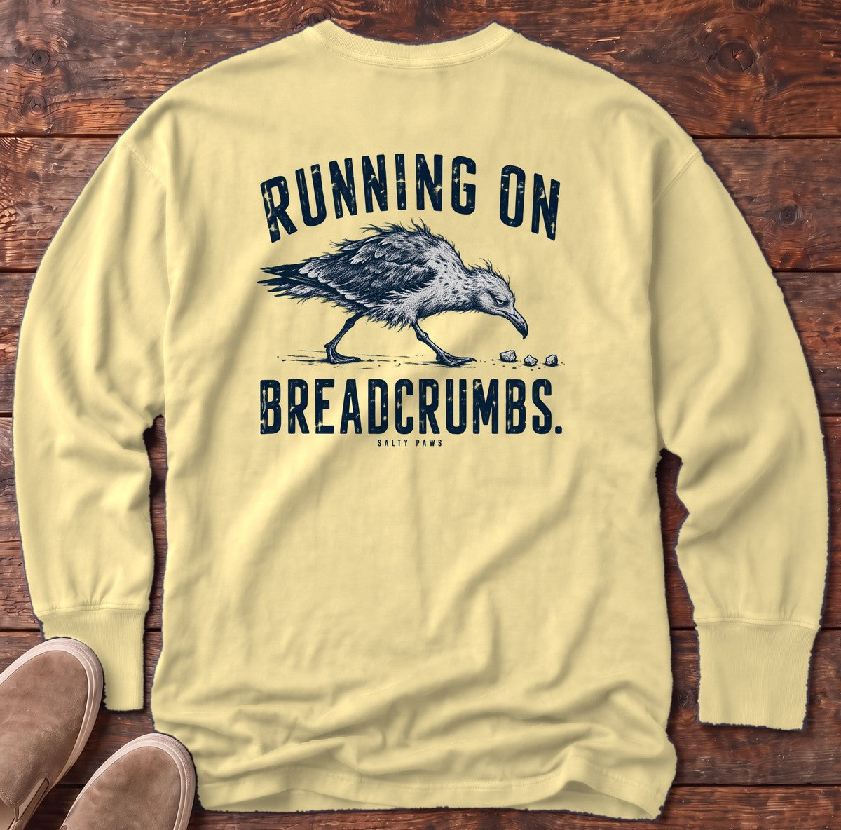 Running on Breadcrumbs Seagull Back Design Long Sleeve Tee in Butter, Salty Paws Comfort Colors Long Sleeve Tee, back design flat lay