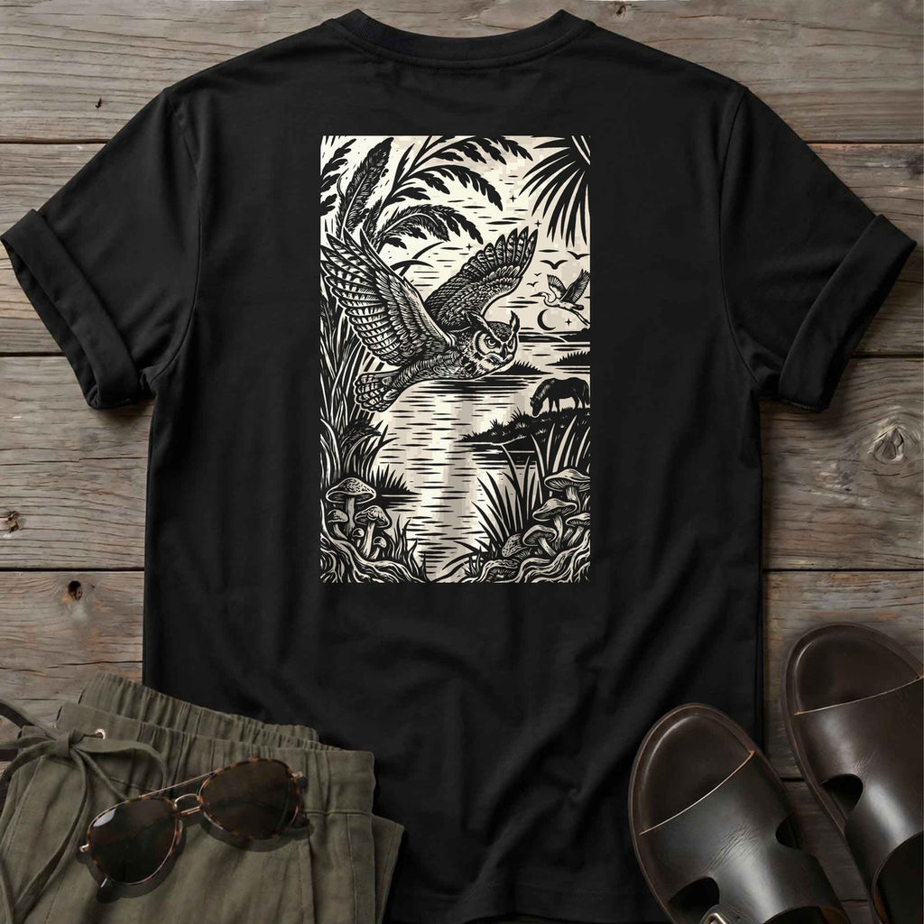Owl Woodcut Back Design T-Shirt in Black, Salty Paws coastal t-shirt