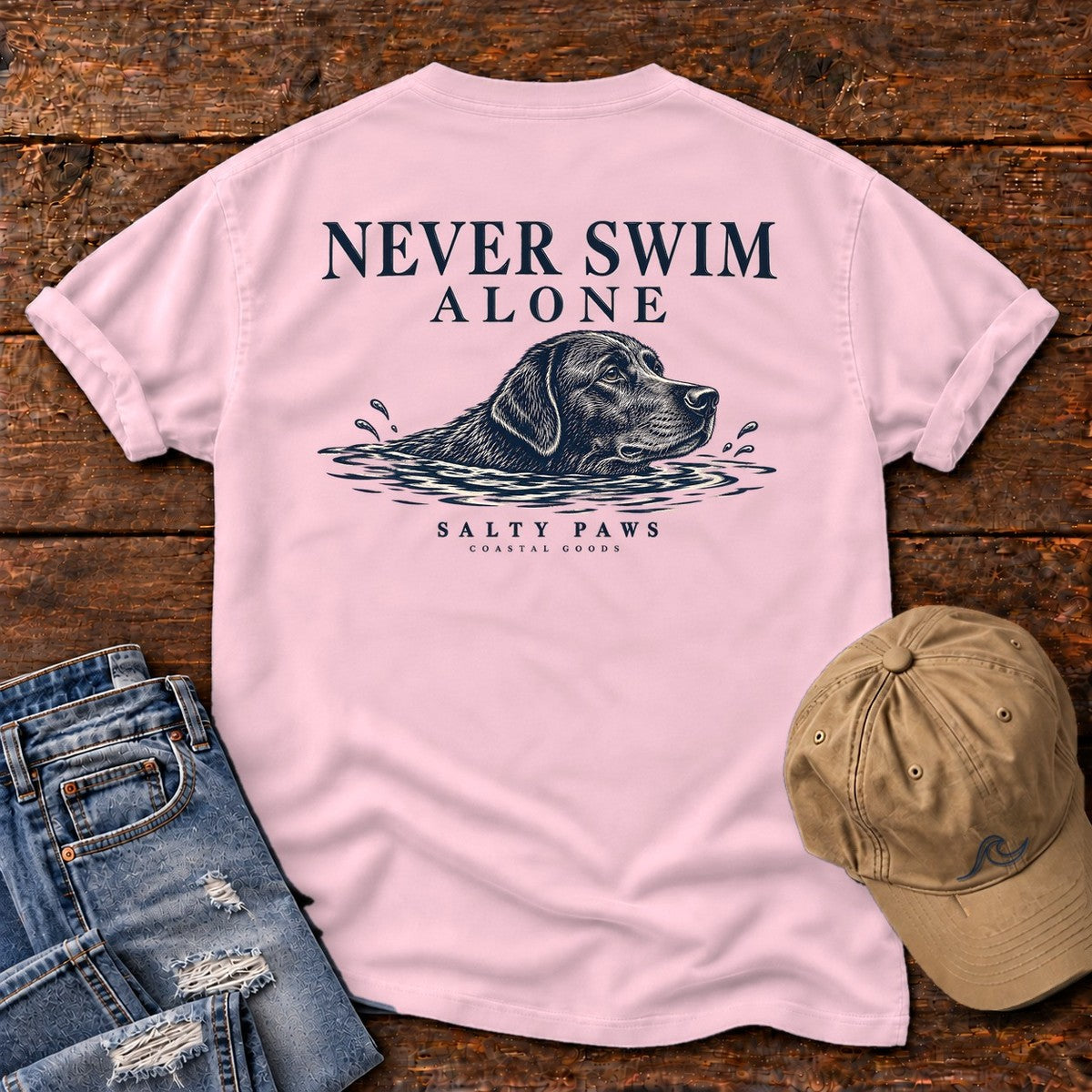 Never Swim Alone Black Lab Comfort Colors T-Shirt in Blossom, back design flat lay