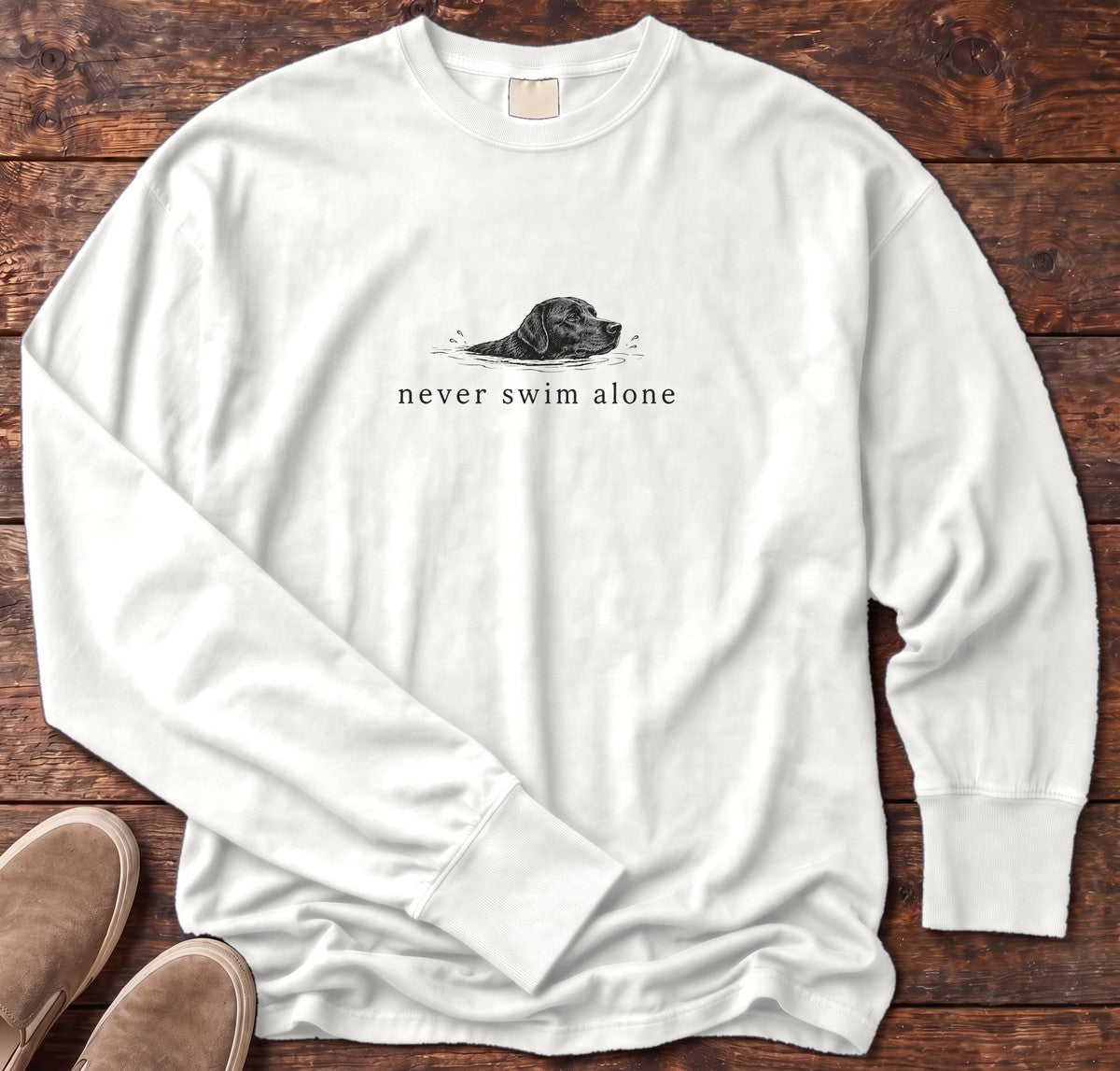 Never Swim Alone Lab Dog Long Sleeve Tee in White, Salty Paws Comfort Colors long sleeve tee