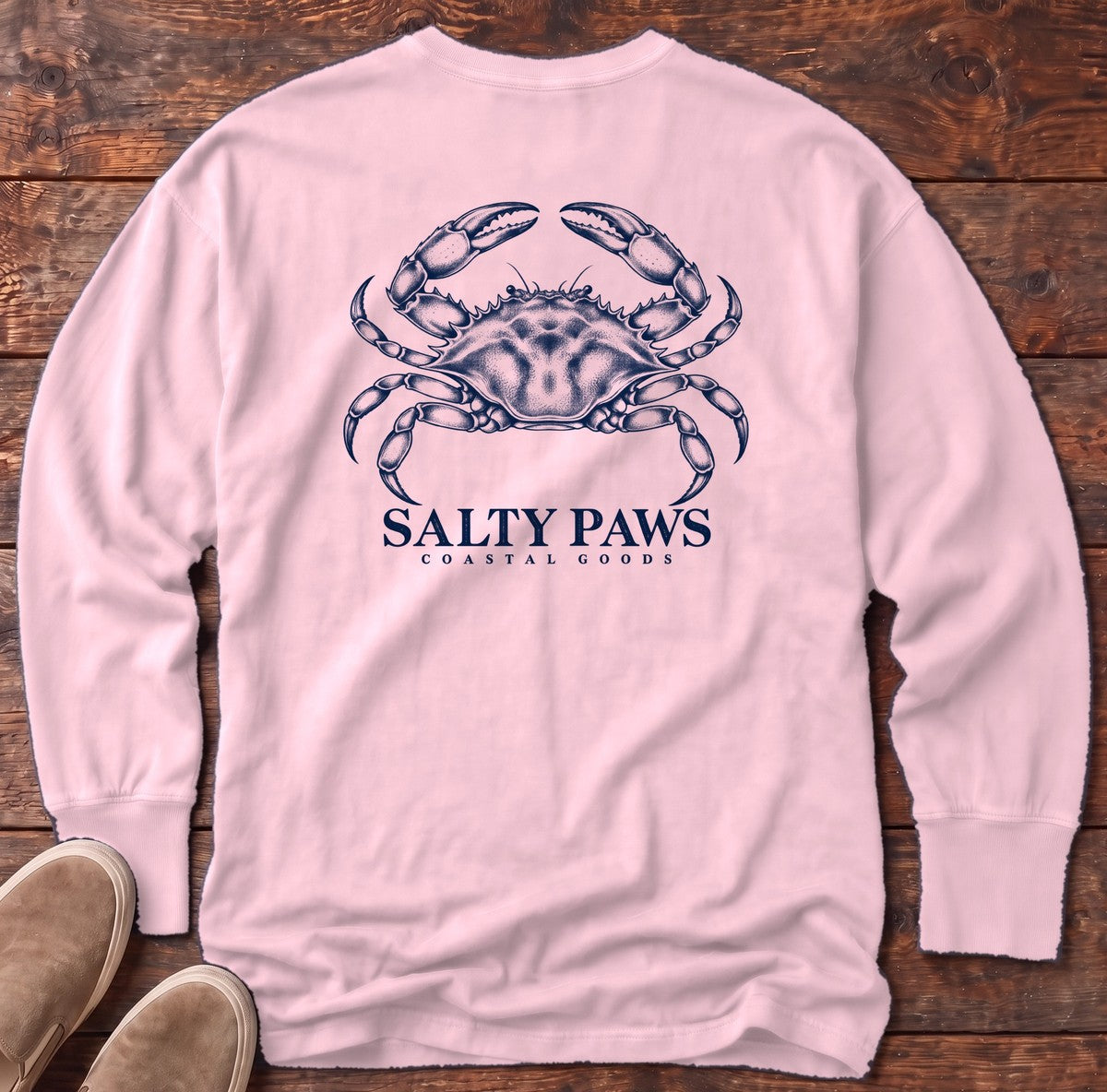 Blue Crab Coastal Goods Back Design Long Sleeve Tee in Blossom, Salty Paws Comfort Colors Long Sleeve Tee, back design flat lay