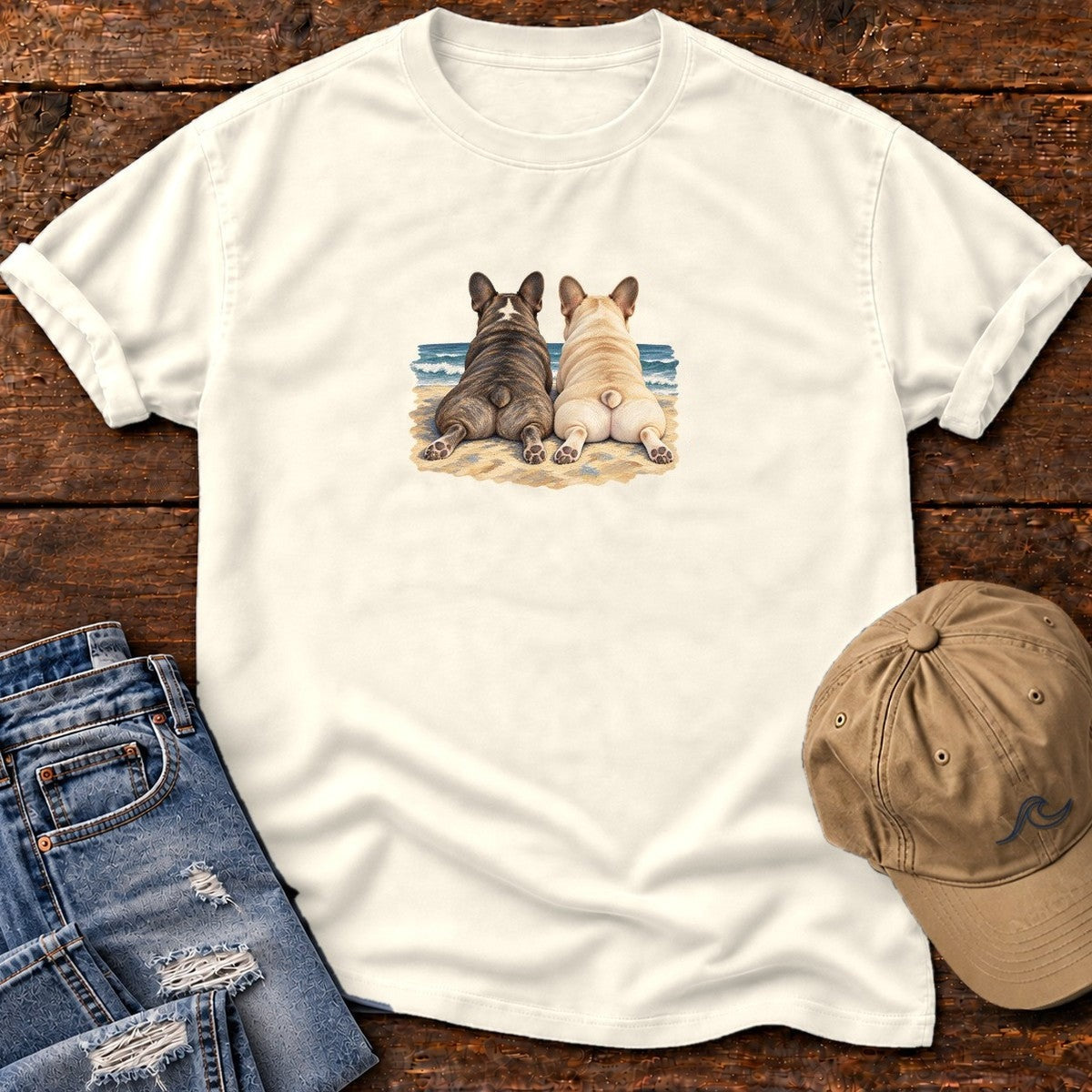 Two French Bulldogs at the Ocean T-Shirt in Ivory, Salty Paws Comfort Colors T-Shirt, front design flat lay