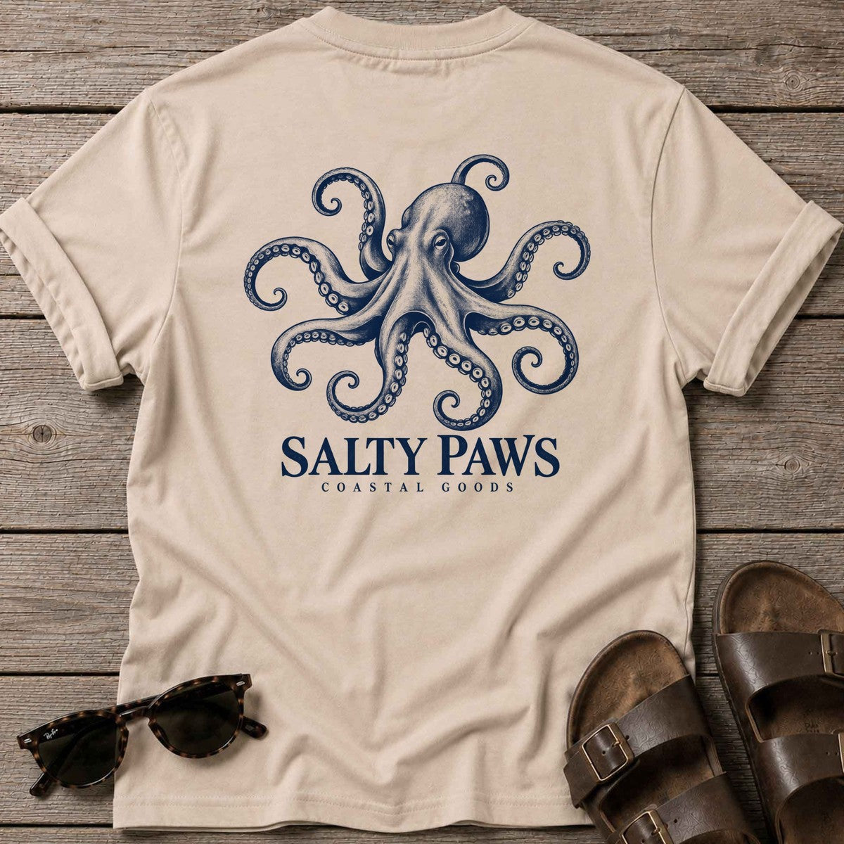 Octopus Coastal Goods Back Design T-Shirt in Sand, Salty Paws T-Shirt, back design flat lay