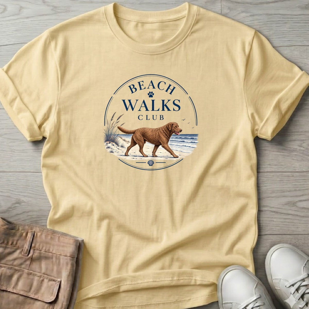 Chesapeake Bay Retriever Beach Walks Club T-Shirt in Cornsilk, Salty Paws coastal t-shirt