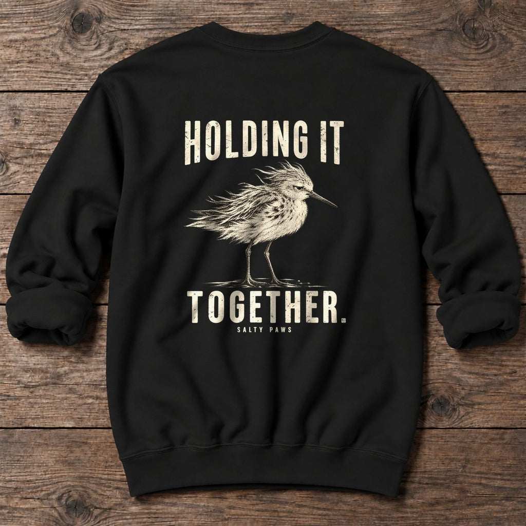 Holding It Together Sandpiper Back Design Midweight Sweatshirt in Black, Salty Paws Midweight Sweatshirt, back design flat lay