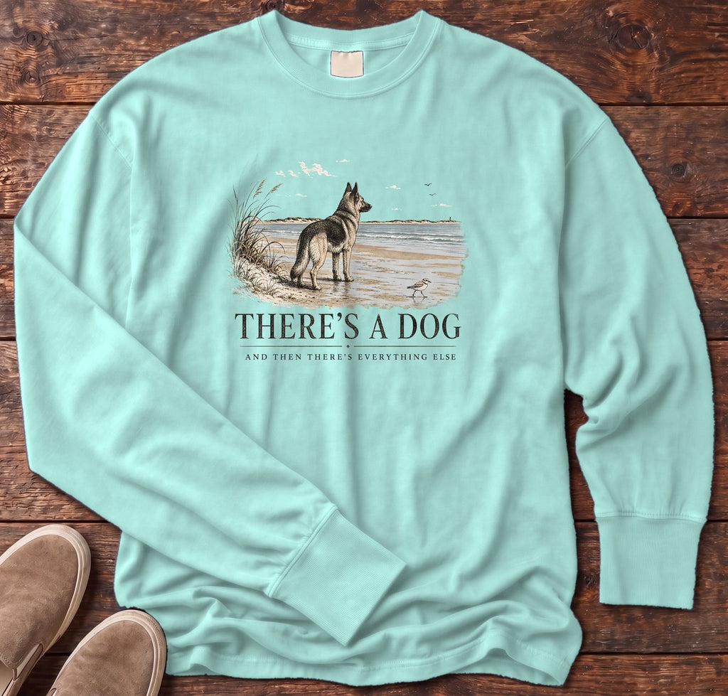 There's a Dog Shepherd Long Sleeve Tee in Chalky Mint, Salty Paws Comfort Colors long sleeve tee