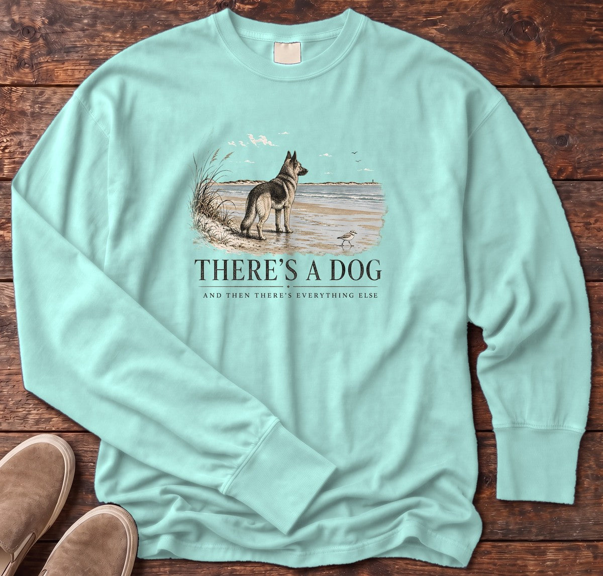 There's a Dog Shepherd Long Sleeve Tee in Chalky Mint, Salty Paws Comfort Colors long sleeve tee