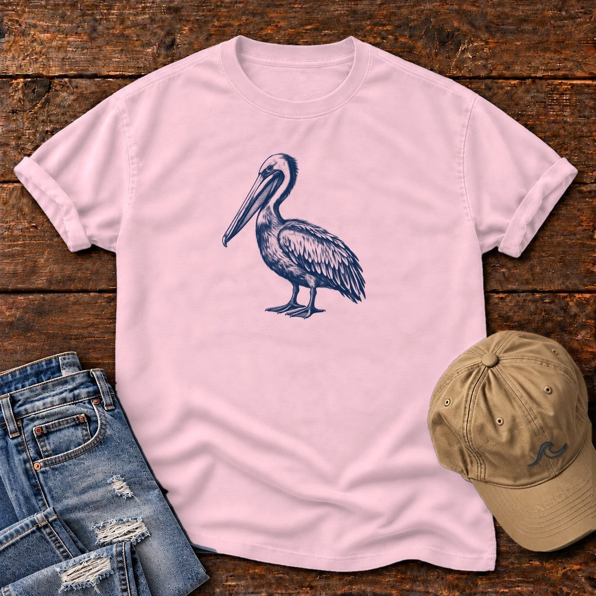 Navy Pelican Portrait T-Shirt in Blossom, Salty Paws Comfort Colors T-Shirt, front design flat lay
