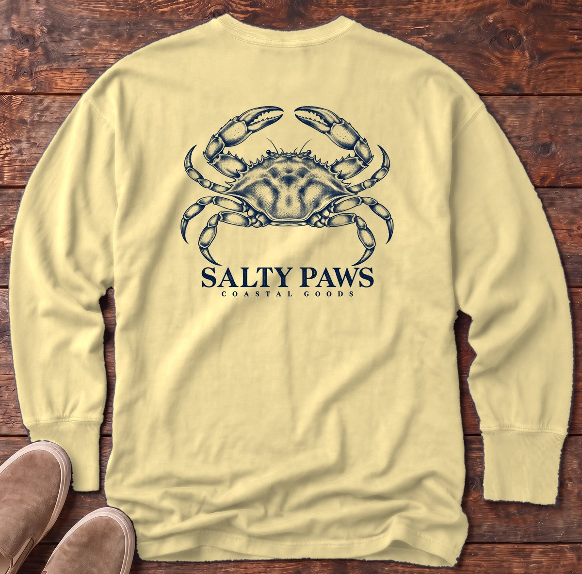 Blue Crab Coastal Goods Back Design Long Sleeve Tee in Butter, Salty Paws Comfort Colors Long Sleeve Tee, back design flat lay