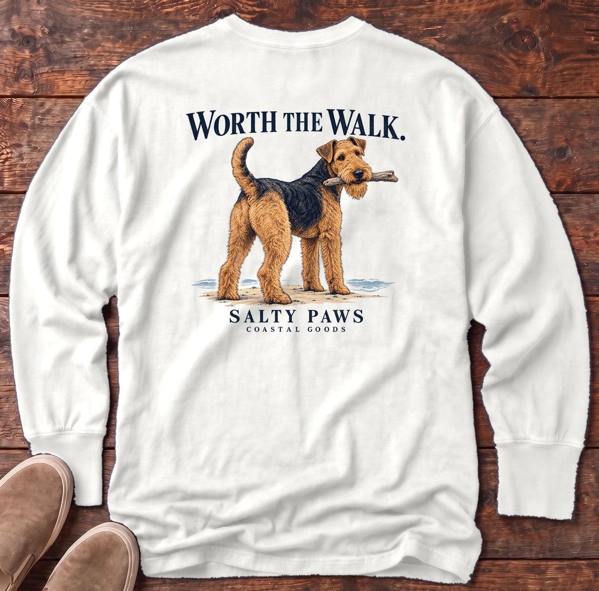 Worth the Walk Airedale Back Design Long Sleeve Tee in White, Salty Paws Comfort Colors Long Sleeve Tee, back design flat lay