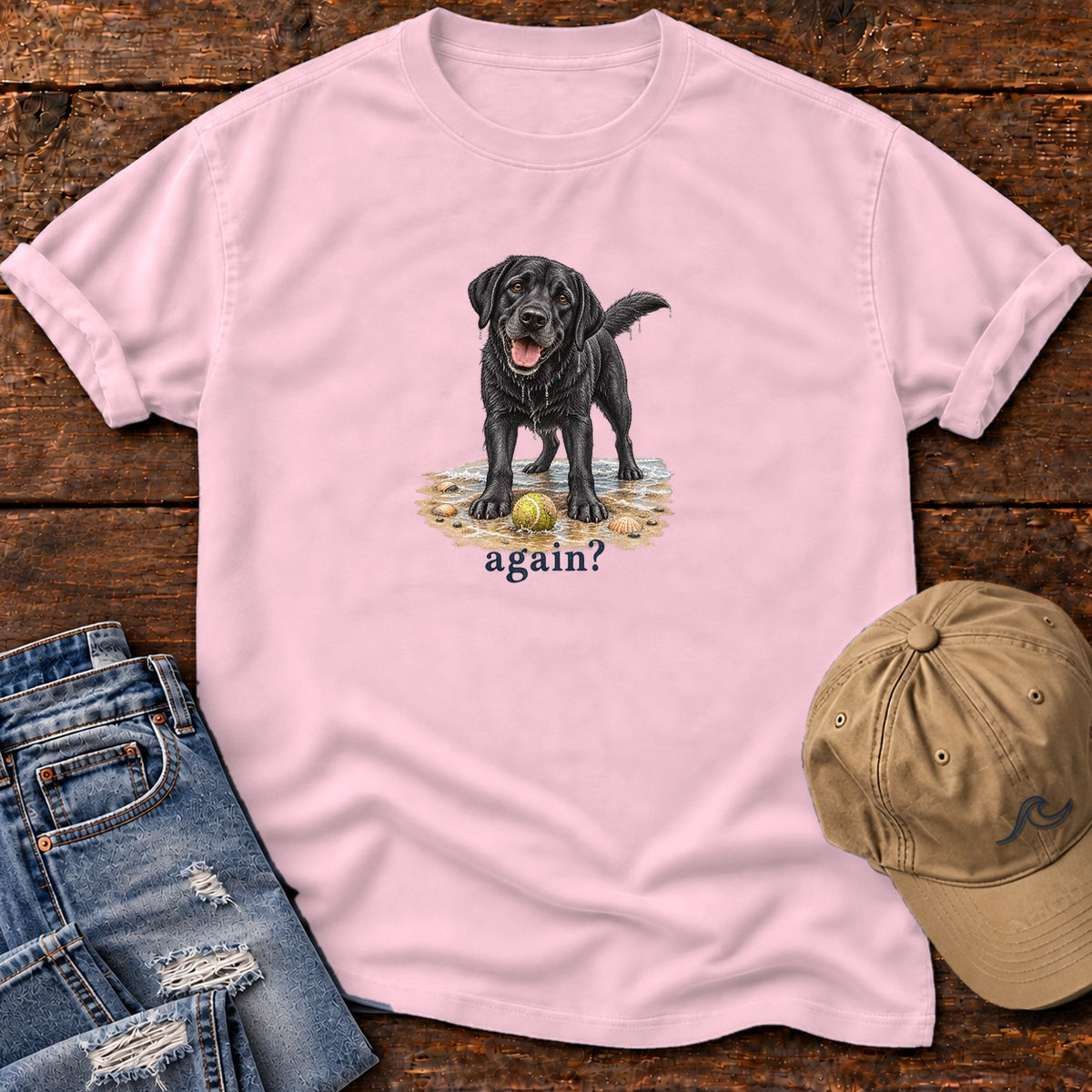 Again? Black Lab T-Shirt in Blossom, Salty Paws Comfort Colors T-Shirt, front design flat lay