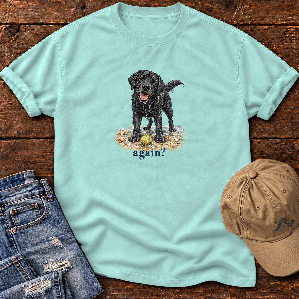 Again? Black Lab T-Shirt in Chalky Mint, Salty Paws Comfort Colors T-Shirt, front design flat lay