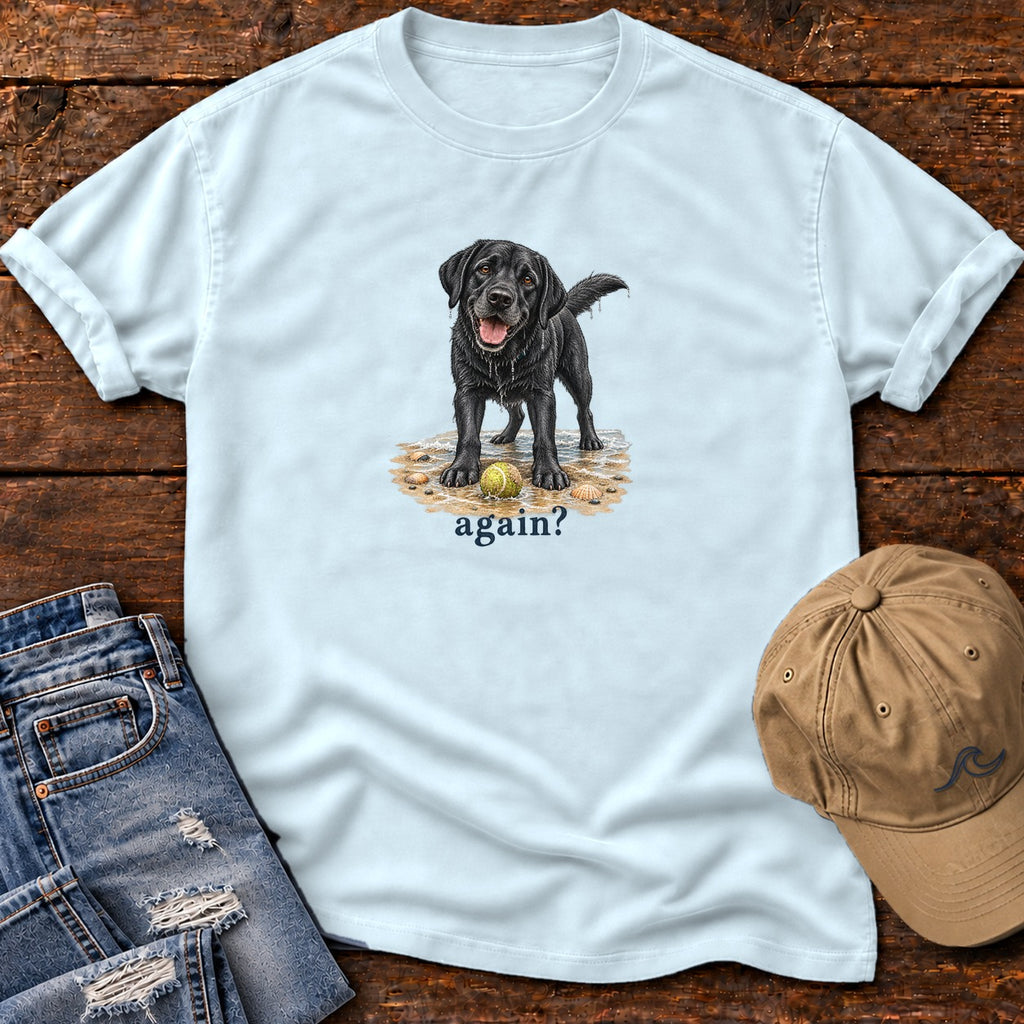Again? Black Lab T-Shirt in Chambray, Salty Paws Comfort Colors T-Shirt, front design flat lay