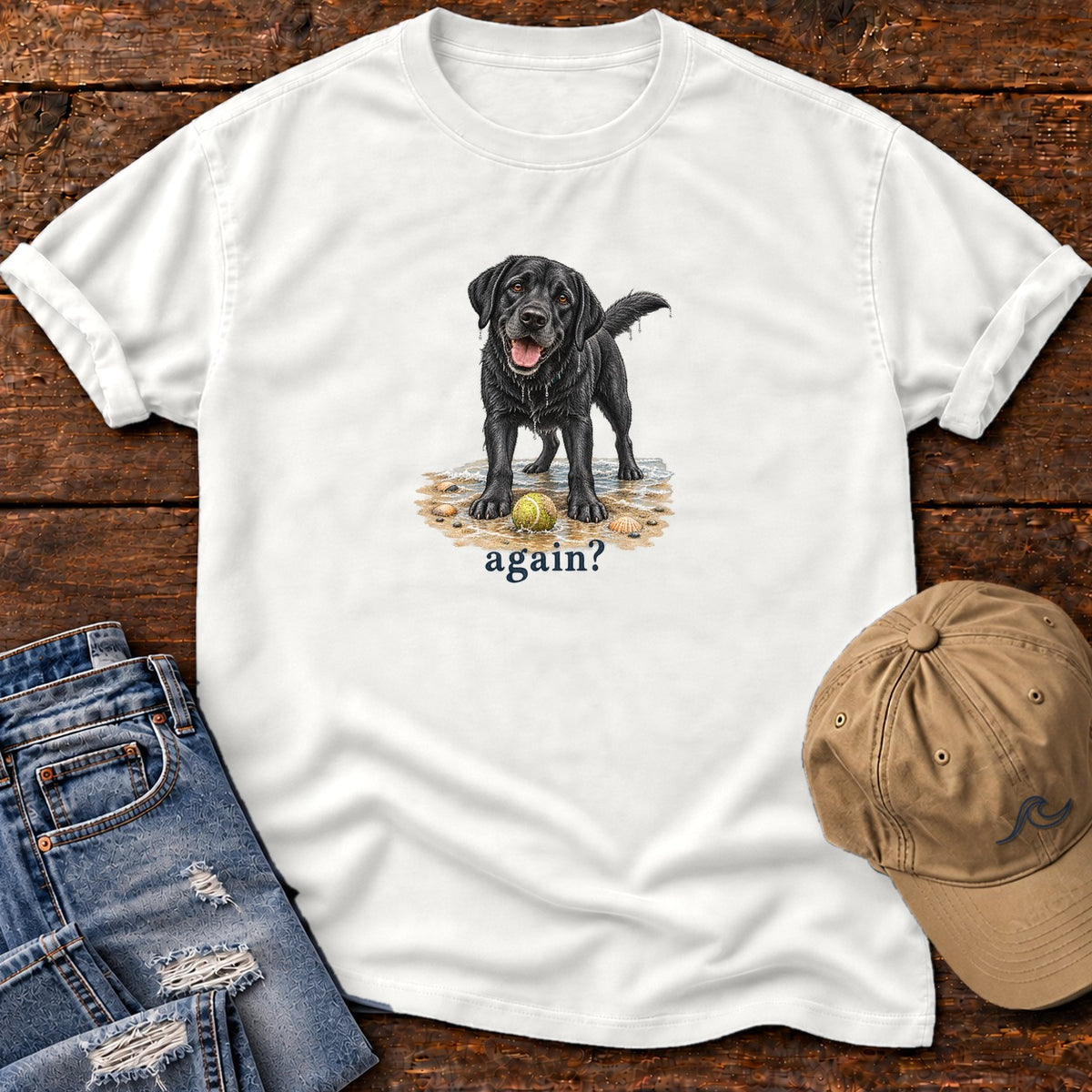 Again? Black Lab T-Shirt in White, Salty Paws Comfort Colors T-Shirt, front design flat lay