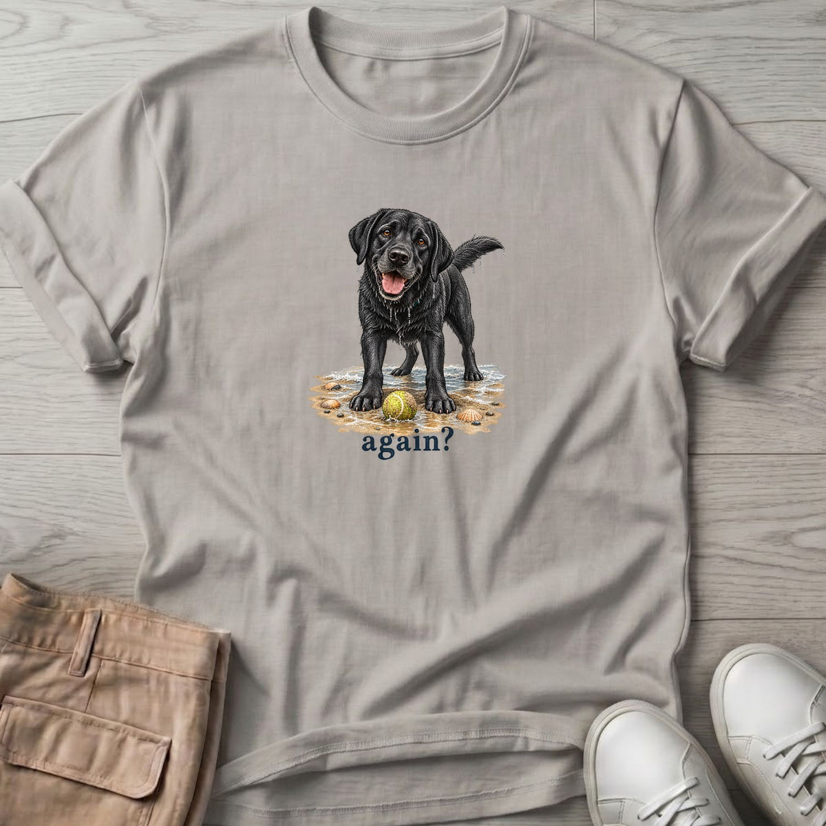 Again? Black Lab T-Shirt in Ice Grey, Salty Paws Soft Style T-Shirt, front design flat lay