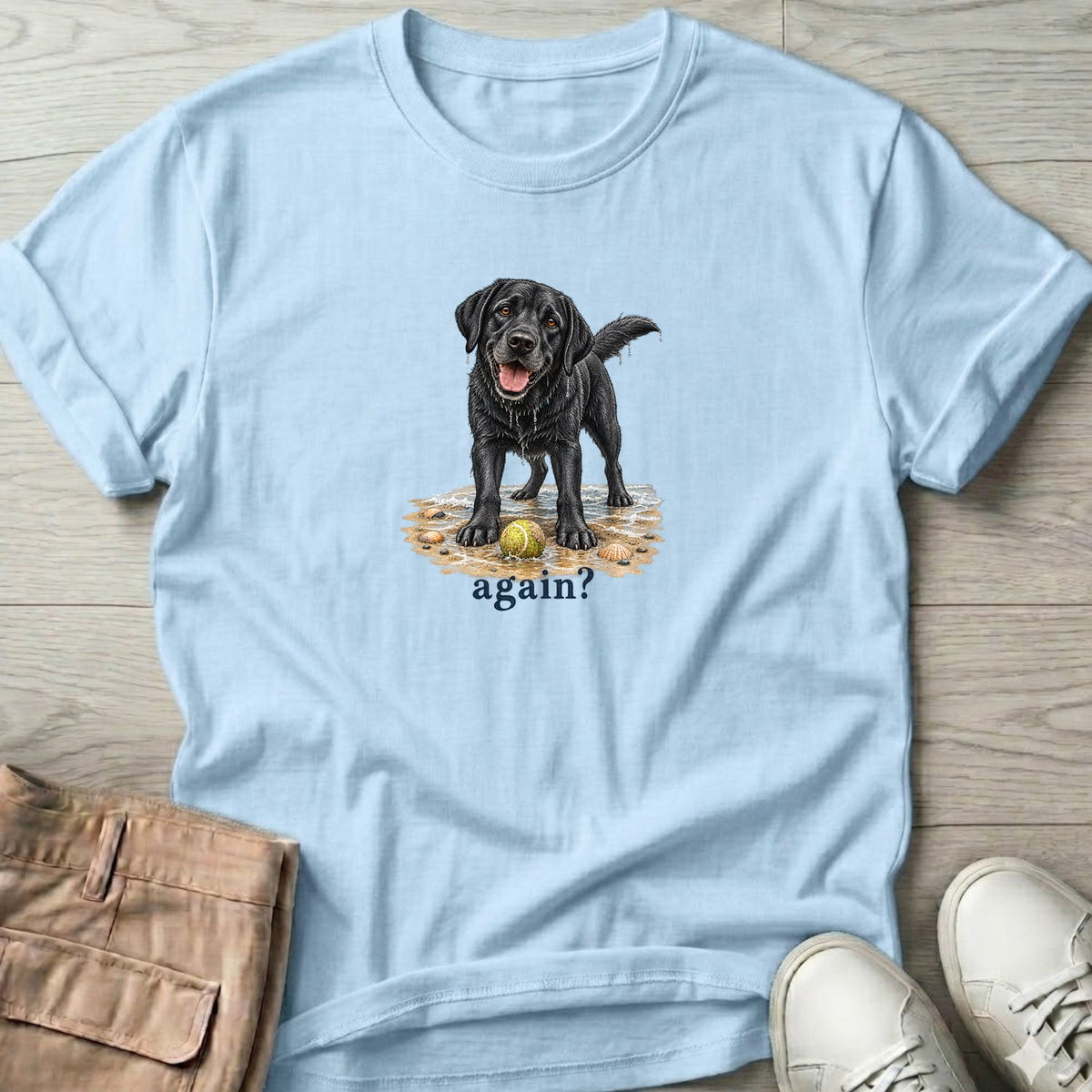 Again? Black Lab T-Shirt in Light Blue, Salty Paws Soft Style T-Shirt, front design flat lay