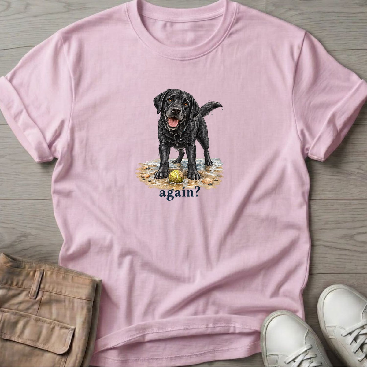 Again? Black Lab T-Shirt in Light Pink, Salty Paws Soft Style T-Shirt, front design flat lay