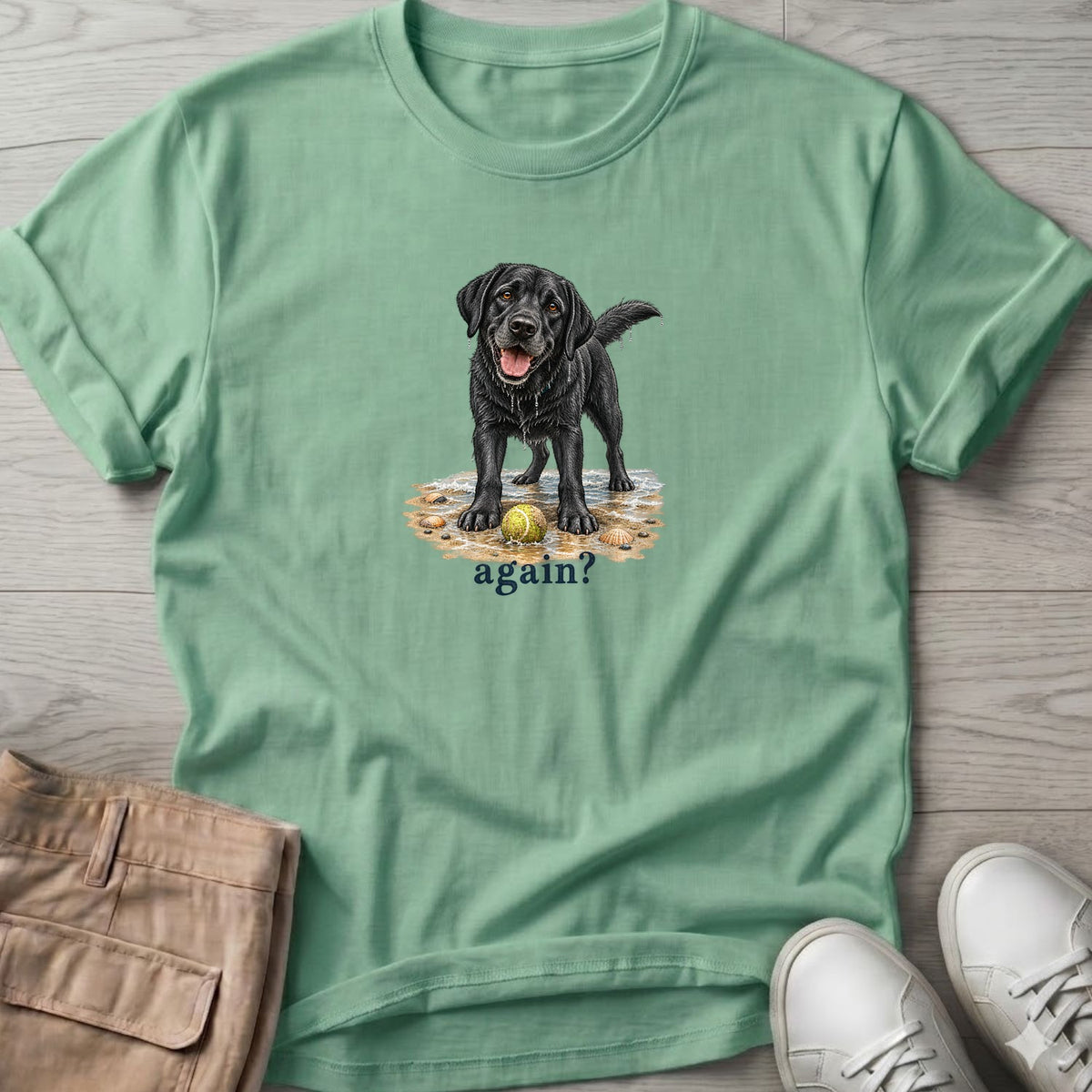 Again? Black Lab T-Shirt in Mint Green, Salty Paws Soft Style T-Shirt, front design flat lay