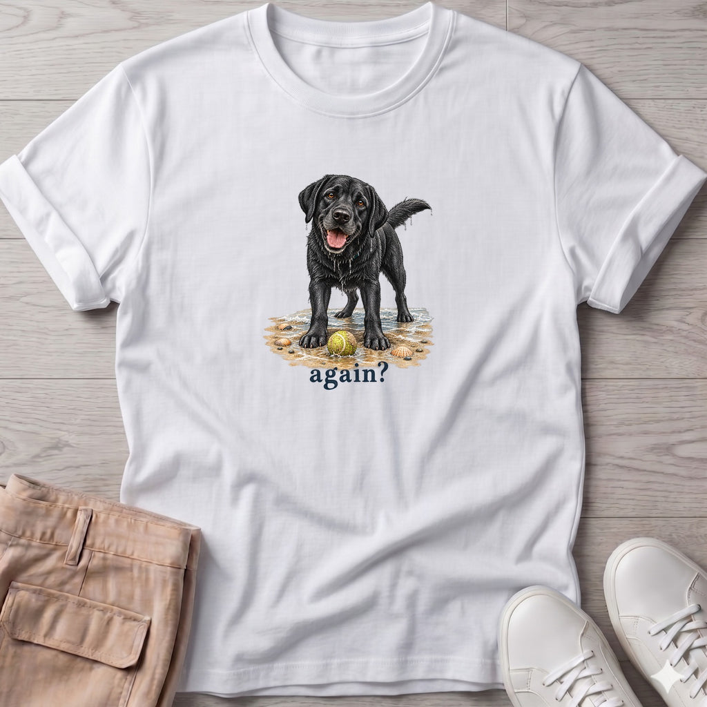 Again? Black Lab T-Shirt in White, Salty Paws Soft Style T-Shirt, front design flat lay