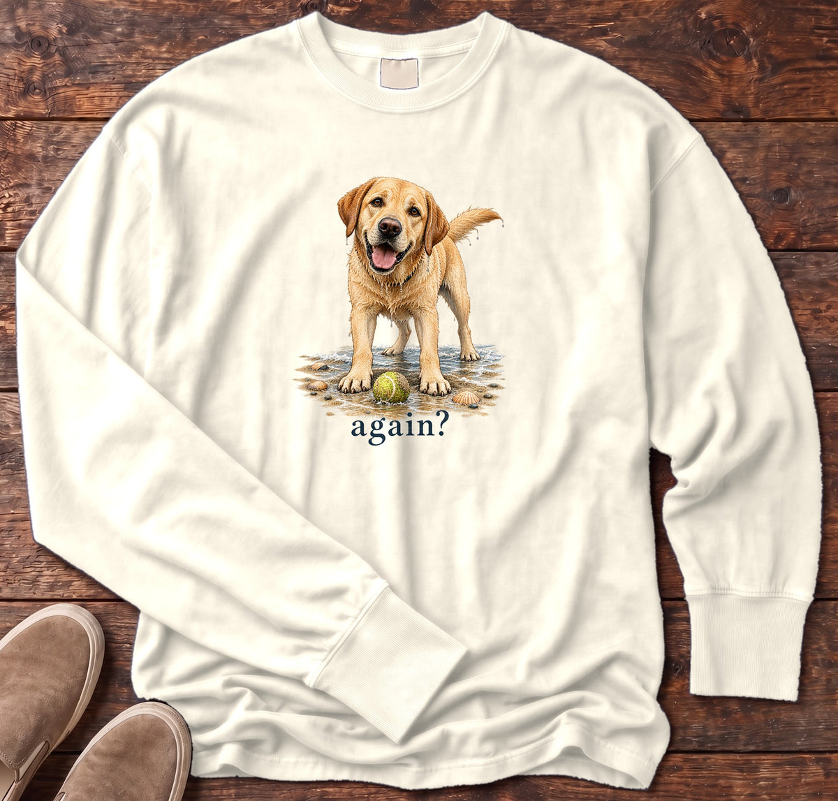 Again? Wet Yellow Labrador Long Sleeve Tee Comfort Colors in Ivory, Salty Paws Comfort Colors Long Sleeve Tee, front design flat lay