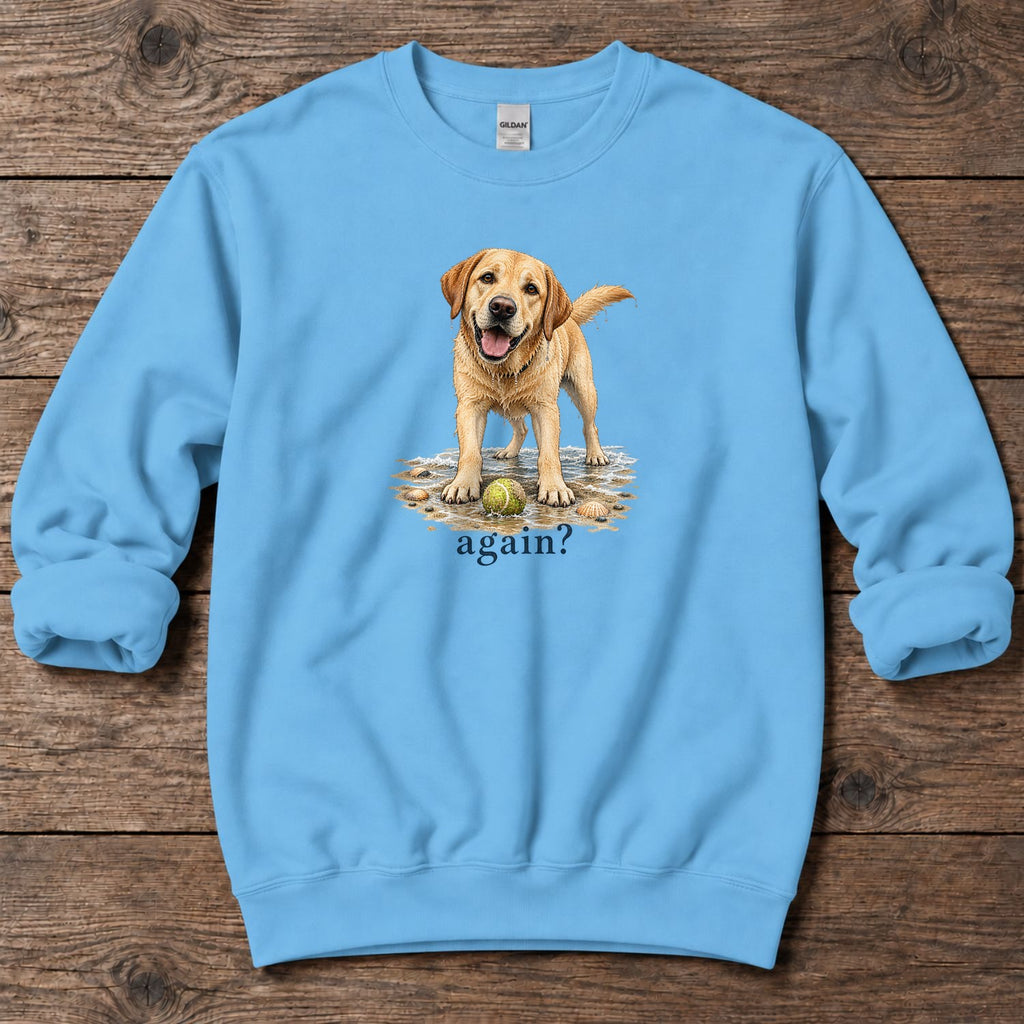 Again? Wet Yellow Labrador Midweight Sweatshirt in Sky, Salty Paws Midweight Sweatshirt, front design flat lay