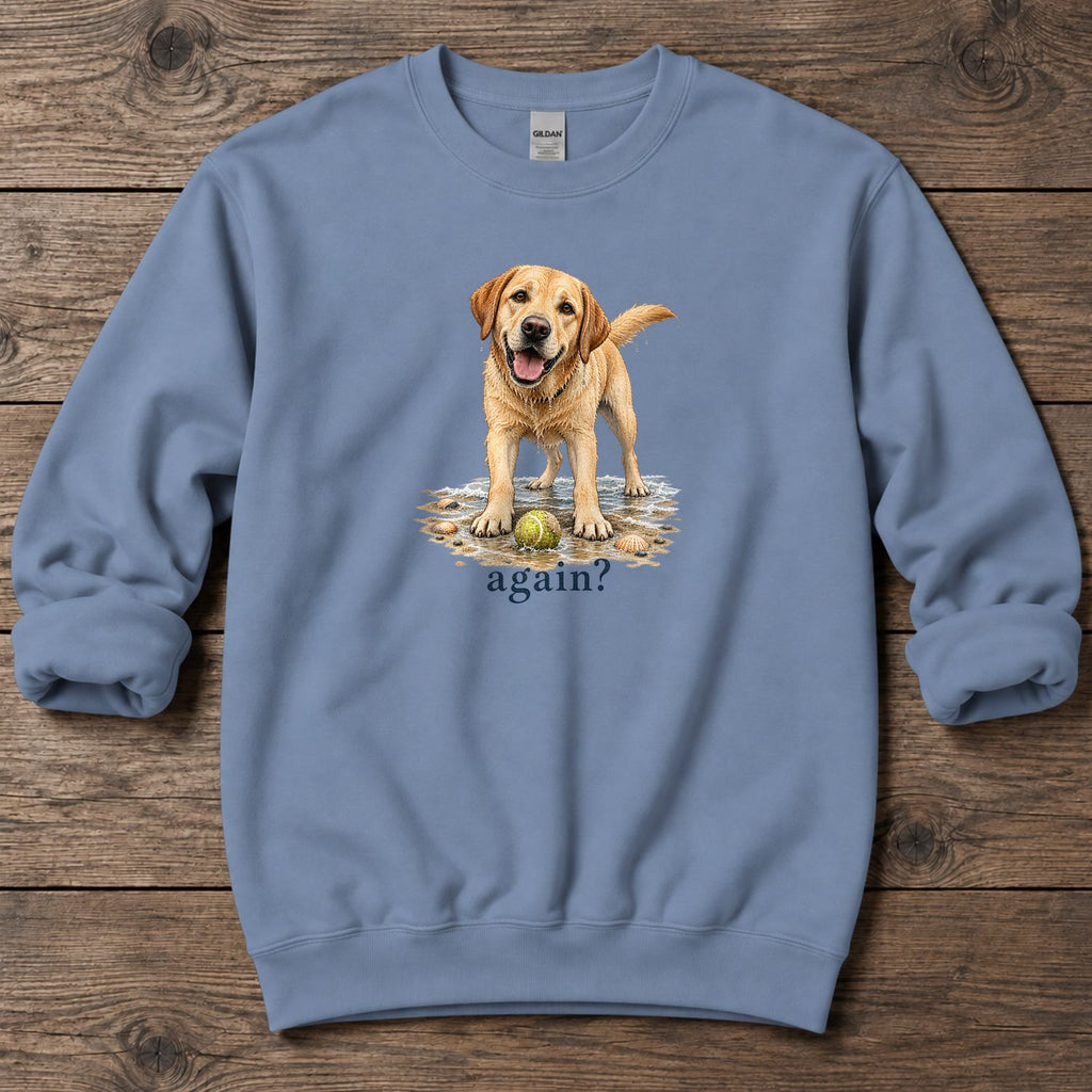 Again? Wet Yellow Labrador Midweight Sweatshirt in Stone Blue, Salty Paws Midweight Sweatshirt, front design flat lay