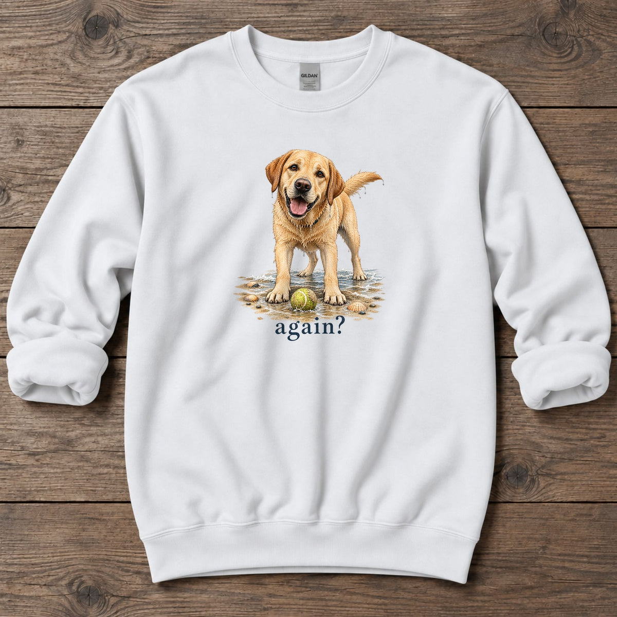 Again? Wet Yellow Labrador Midweight Sweatshirt in White, Salty Paws Midweight Sweatshirt, front design flat lay