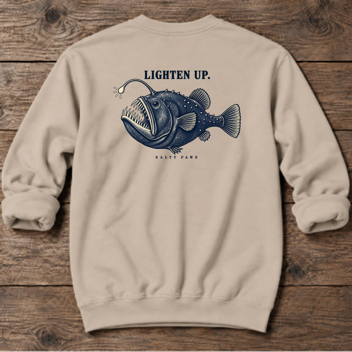 Anglerfish Lighten Up Midweight Sweatshirt in Sand, Salty Paws coastal sweatshirt