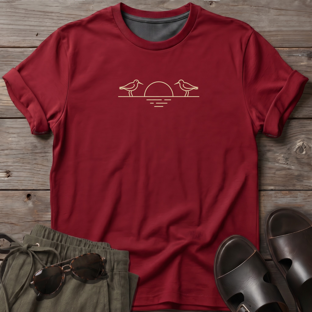 Shorebirds & Sunset T-Shirt — Beach Dog Line Art Tee