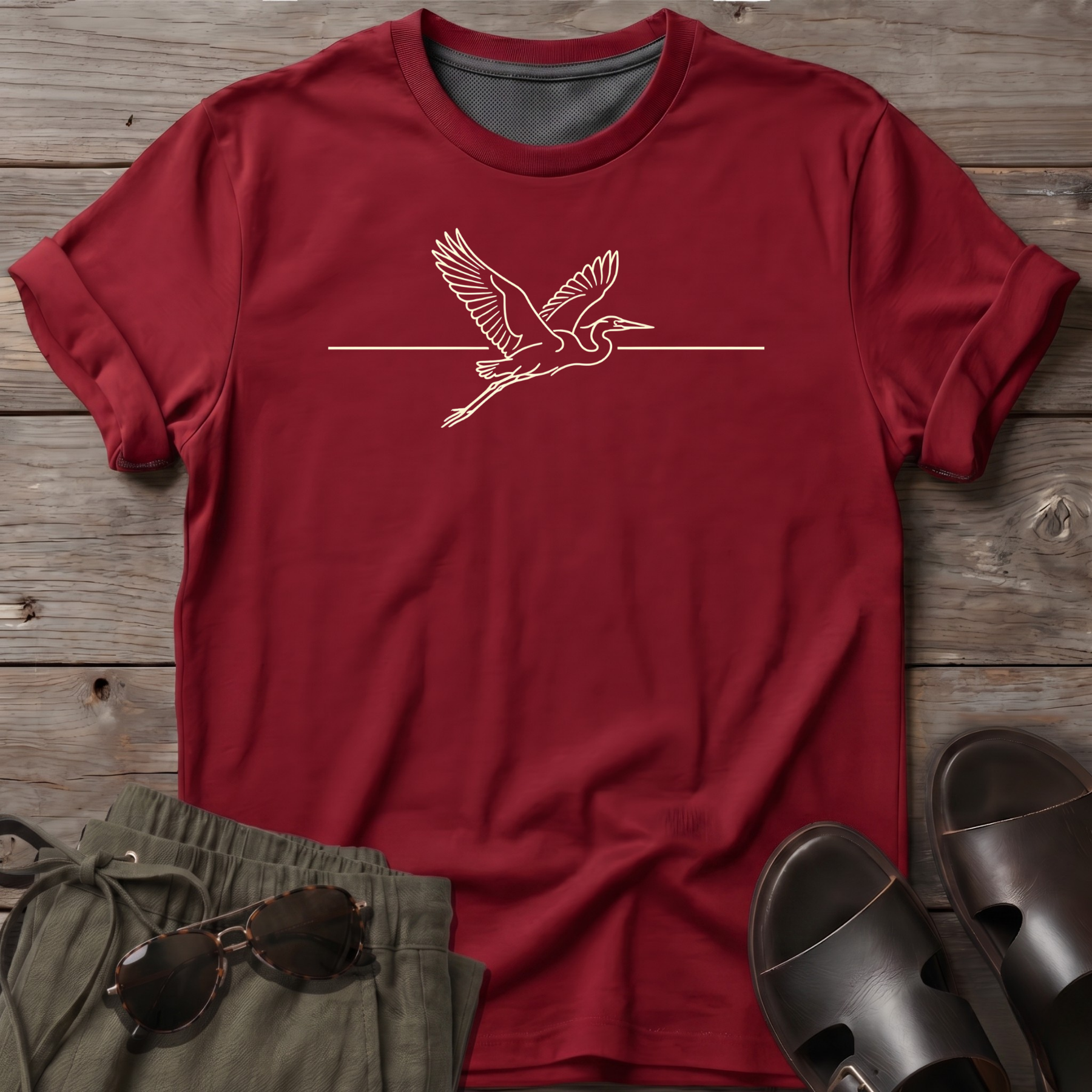 Great Heron Flight Beach Ocean Line Art Tee