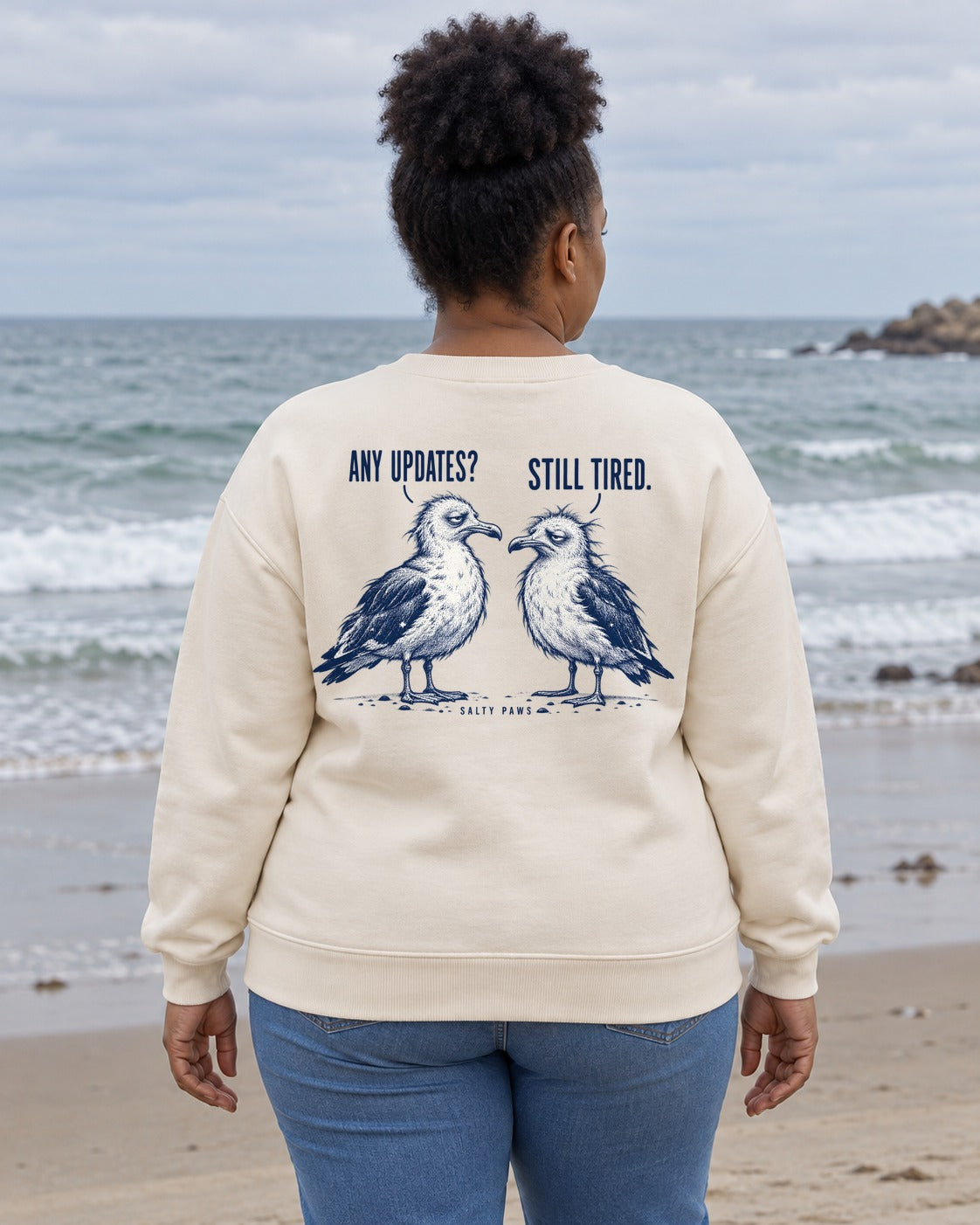Any Updates Still Tired Seagulls Back Design Midweight Sweatshirt in White, worn by a model, Salty Paws back design